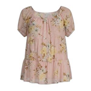 AGB Pastel Pink Floral Layered Blouse Flutter Sleeve Top